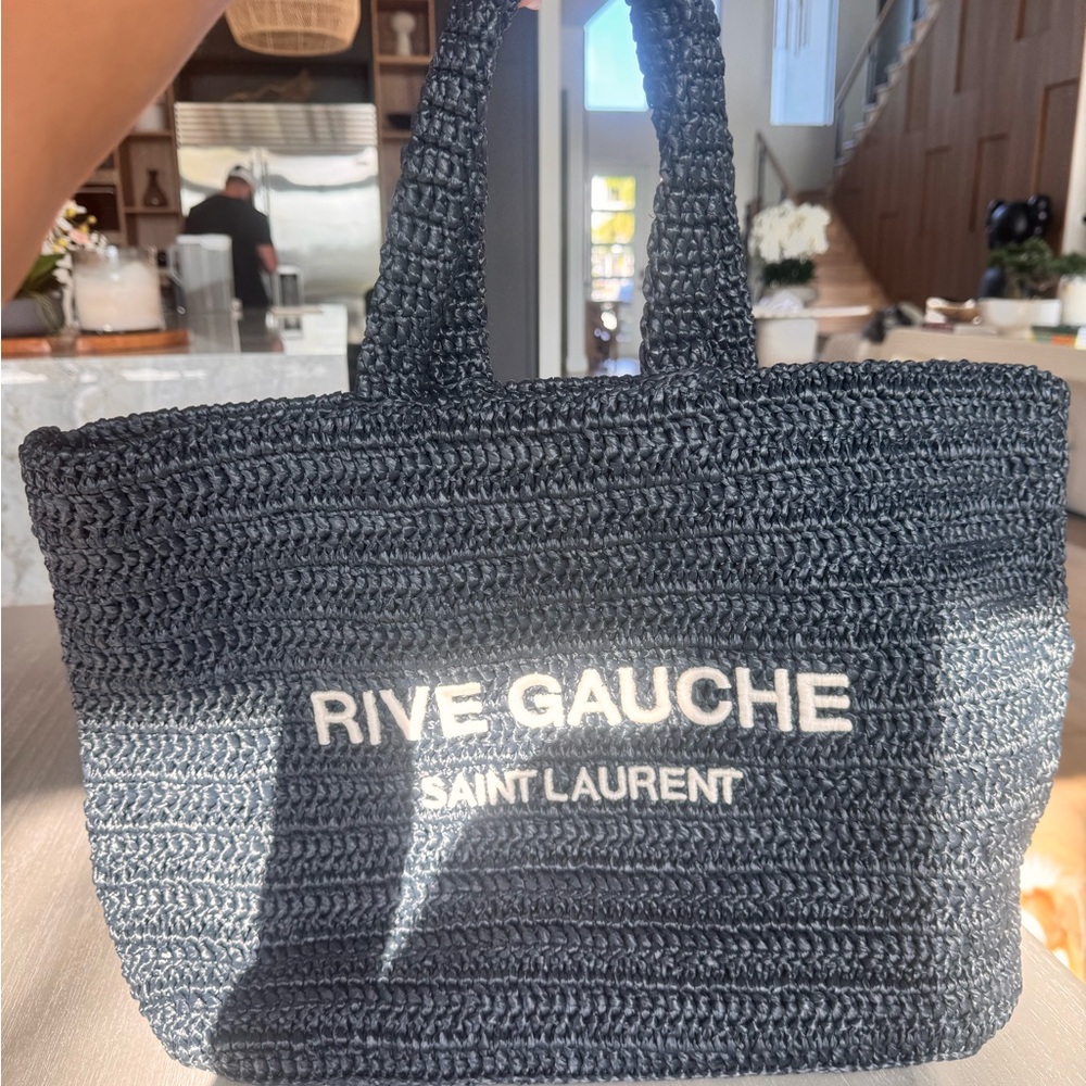 Saint Laurent Black Rive Gauche Crochet Tote with White Logo - Picture 7 of 7